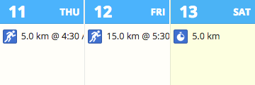 A screenshot of the monthly calendar view in SportTracks showing three planned workouts in a training plan