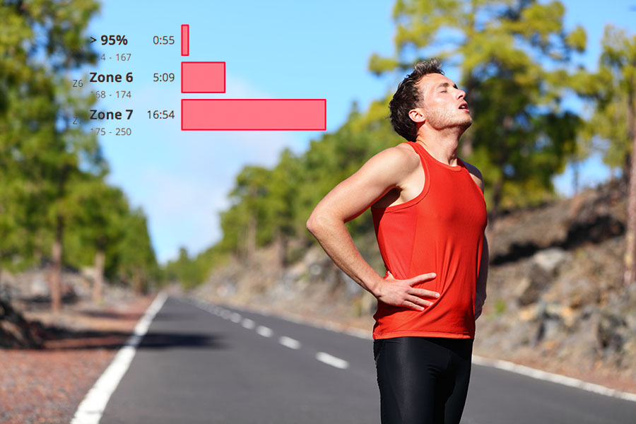 A photograph of a man outdoors in a red tank top drenched in sweat, with a graphical overlay of SportTracks endurance sports software