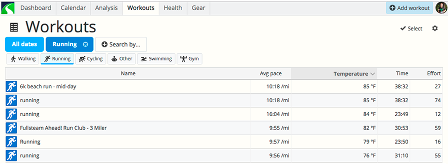 A screenshot of SportTracks endurance sports software showing the workout screen where you can compare the temperature of activities in your training log