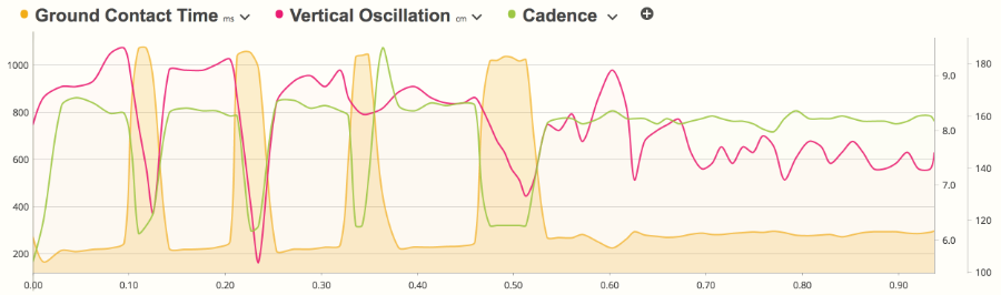 A screenshot of SportTracks fitness tracking software showing running dynamics metrics