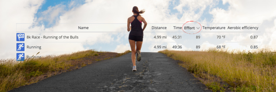 Photograph of a female athlete running uphill with the SportTracks Workouts interface in the background