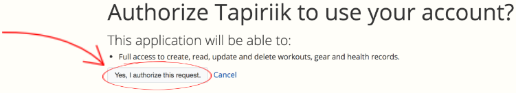 An image of the screen where you authorize Tapiriik to access SportTracks fitness software