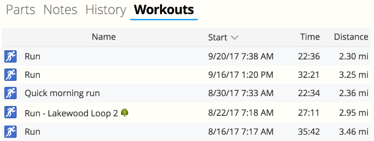 A screenshot of the new gear workouts tab in SportTracks endurance sports training software