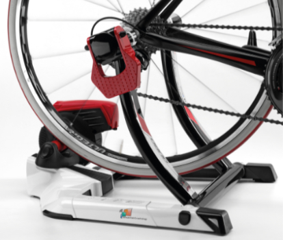 The rear wheel of a road bike in the QUBO Digital Smart B+ smart trainer