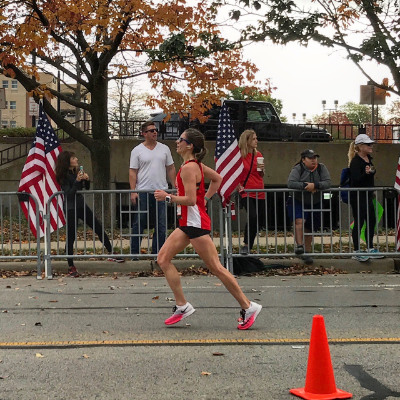 A female marathon runner competing in a race