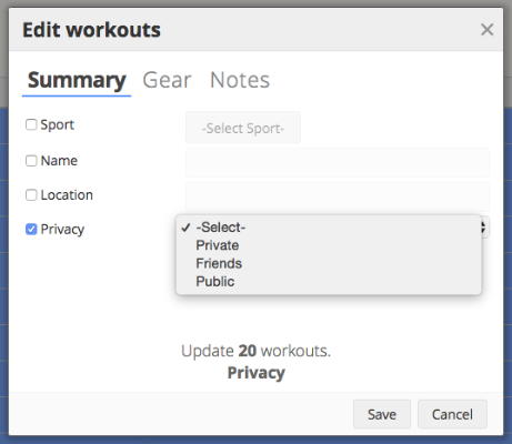 The bulk workout edit screen in SportTracks endurance sports training software