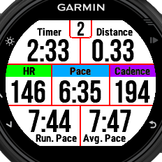 The watch face of a running economy Connect IQ app on a Garmin watch
