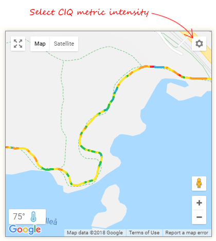 A map from SportTracks endurance sports training software showing fitness data overlaid on the GPS route