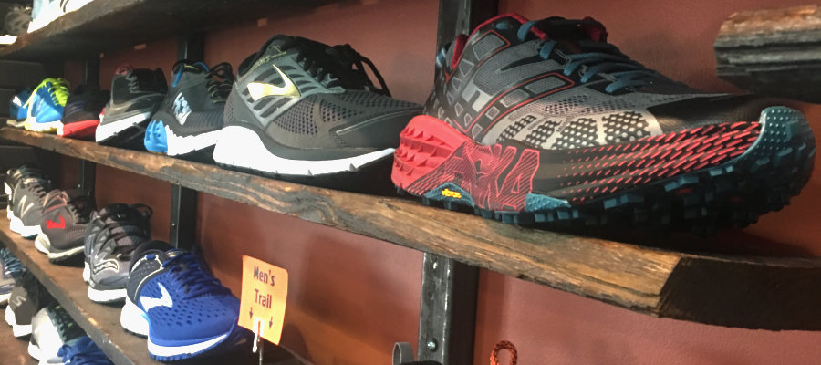 Running shoes on display at a store