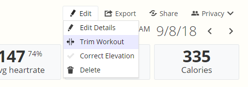 A screenshot of the Workout Detail page of SportTracks fitness software showing the new Trim Workout tool