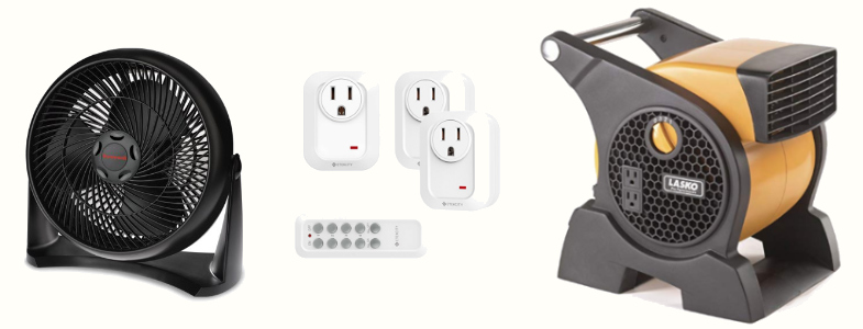 A photograph of a Honeywell HT-908 Turbo Force Room Air Circulator Fan in black, an Etekcity remote control system, and a Lasko Pro Performance Blower Fan 4900