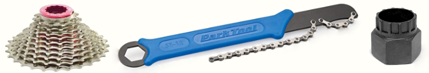 A photograph of a SunRace 11-28T cycling cassette, a Park Tool chain whip, and a Park Tool FR-5/FR-5G lockring removal tool