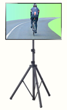 A TV on a tripod stand with a road cyclist on the screen