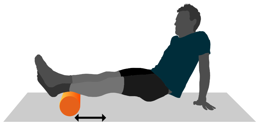 A graphic illustration of a person using a foam roller on their calves