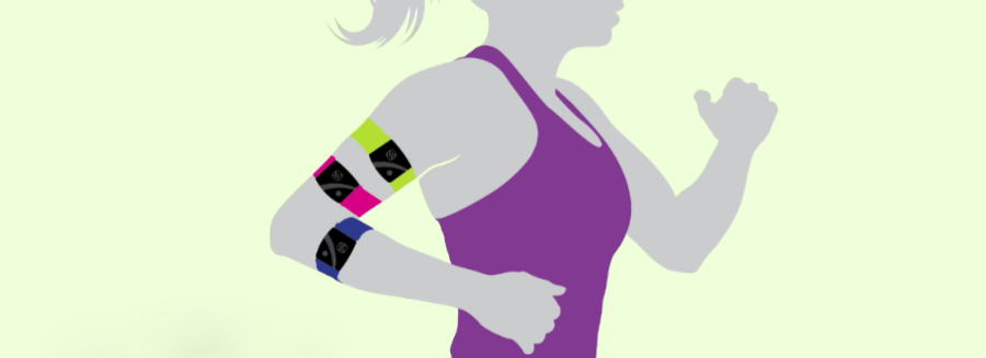 A graphic illustration of a female wearing three Scosche Rhythm 24 heart-rate monitor