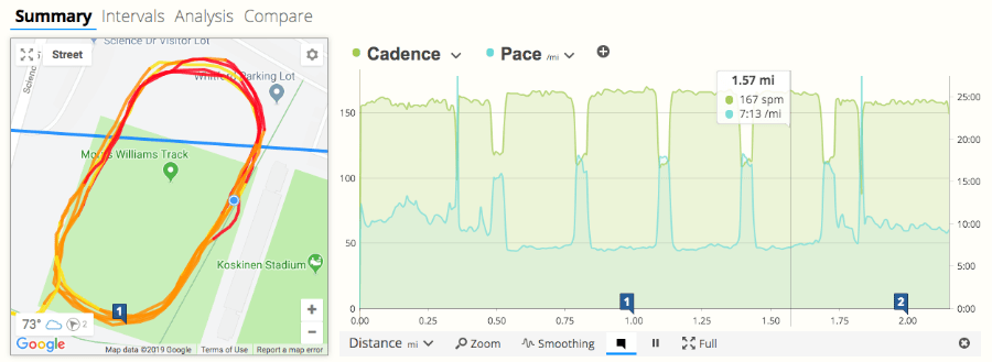 A screen-shot of SportTracks endurance sports training software showing cadence and pace data