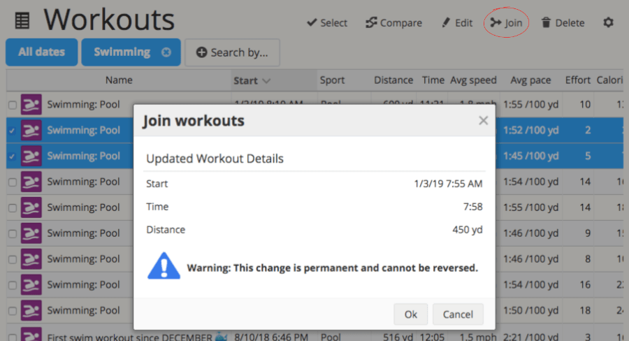 A screenshot of SportTracks endurance sports training software showing the Join Workouts dialog box