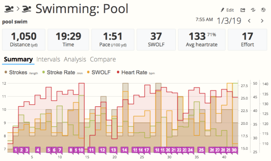 A screenshot of a swimming workout in SportTracks endurance sports software showing SWOLF, heart rate, stroke rate, and strokes