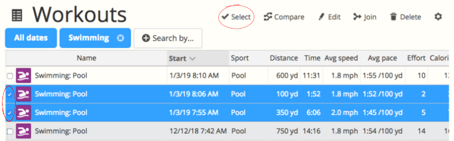 A screenshot of the Workouts page in SportTracks endurance sports training software showing pool workouts