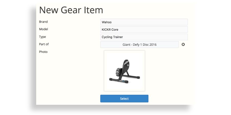 A screenshot of SportTracks endurance sports training software showing a Wahoo KICKR Core being added to the Gear Tracking page