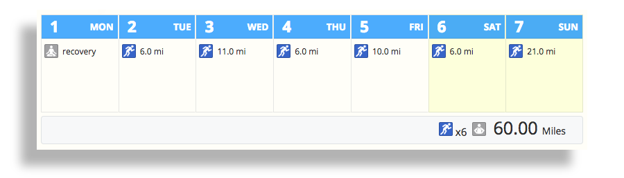 The training calendar from SportTracks endurance sports training software showing a week of Boston Marathon planned workouts