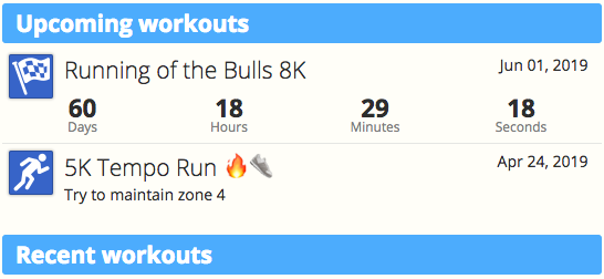 The Upcoming Workouts module from the Dashboard of SportTracks endurance sports training software showing the countdown of an upcoming running race and a planned 5K tempo run workout