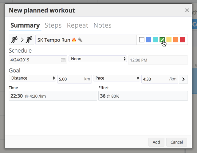 The dialog box for creating a new planned workout in SportTracks endurance sports training software