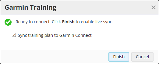 A screenshot of SportTracks endurance sports software showing the confirmation screen that it's connected to Garmin Training