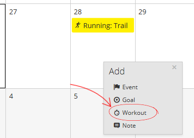 A screenshot of the calendar in Garmin Connect with the "Add Workouts" menu open