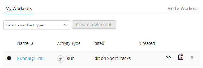 A screenshot of the "My Workouts" page of Garmin Connect