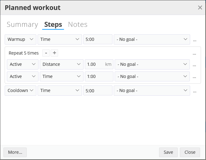 A multi-step planned workout in SportTracks endurance sports software