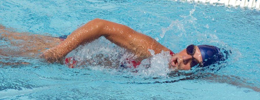 A female swimmer doing the forward crawl in a lap pool