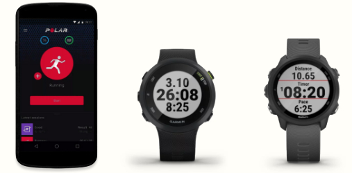 A photo of the Polar Beat app on an Android smartphone, the Garmin Forerunner 45 and the Garmin Forerunner 245 sports watches