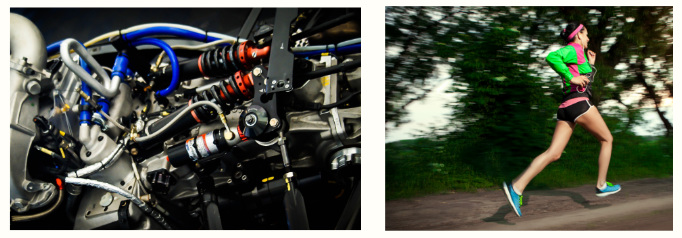 A photo of a race car engine next to a photo of a female runner