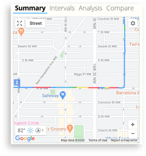 The map view of vehicle speed data from a Garmin Varia cycling radar in SportTracks endurance sports software