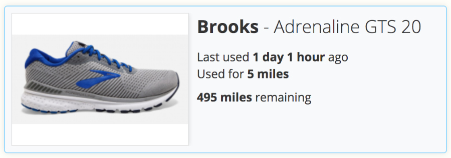 A screenshot of the Gear Tracking section of SportTracks endurance sports software with Brooks running shoes