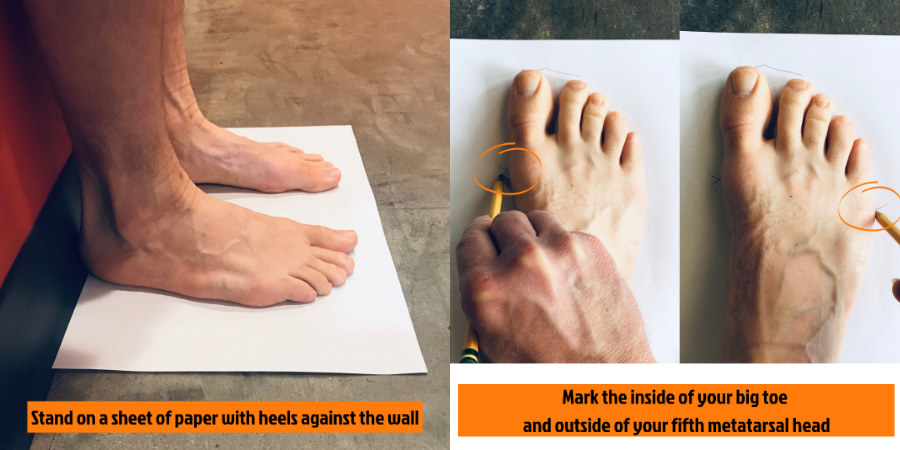 Photographs of bare feet being measured for show size using a sheet of paper and a pencil