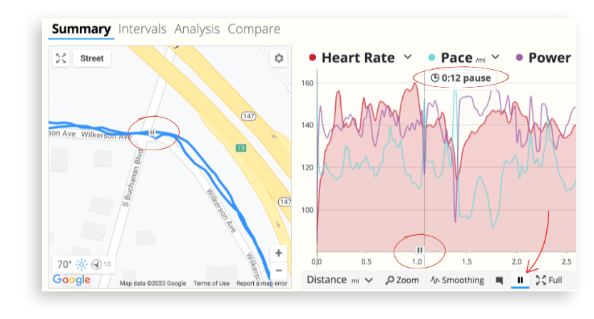 The workout detail pages in SportTracks show pause markers from running watches and bike computers