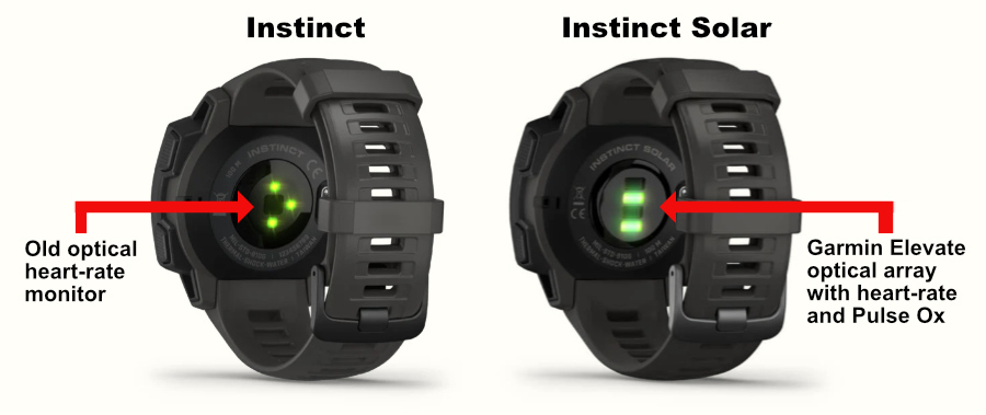 The back of the original Garmin Instinct sports watch compared to the back of the Garmin Instinct Solar