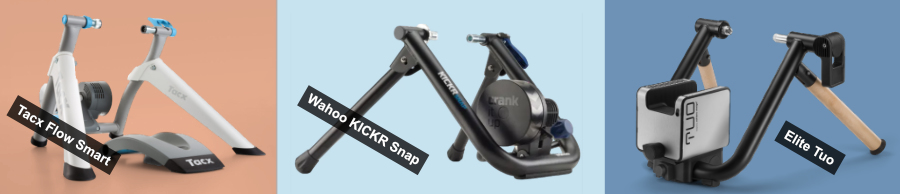 The Tacx Flow Smart, Wahoo KICKR Snap, and Elite Tuo bike trainers