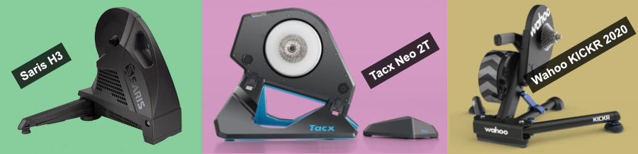 The Saris H3, Tacx Neo 2T, and Wahoo KICKR 2020 cycling smart trainers