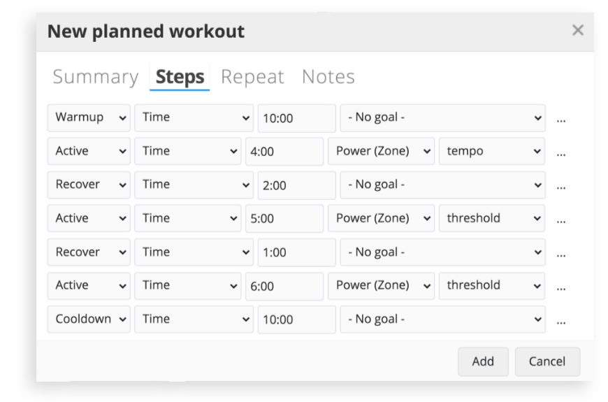 Creating a custom structured indoor cycling workout in SportTracks endurance sports software