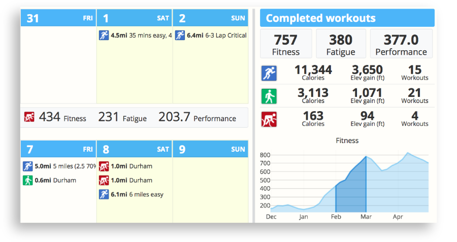 The calendar in SportTracks endurance sports training software showing training load metrics