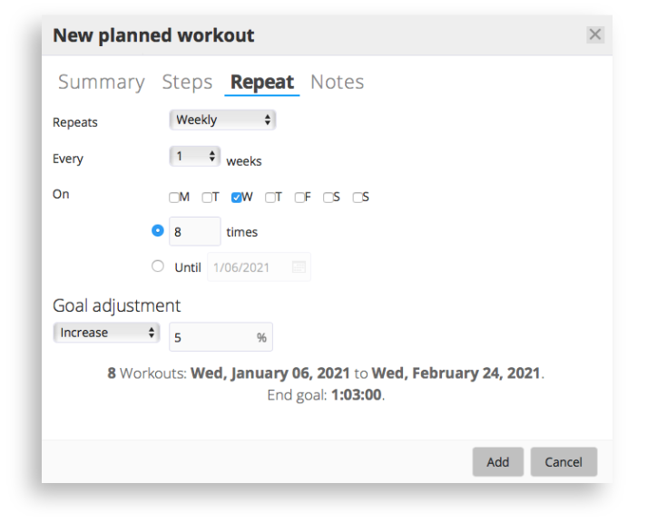 The planned workout screen in SportTracks endurance sports software showing repeating workout options