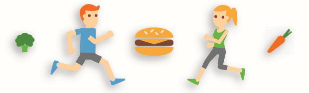 A graphic illustrations of runners, a hamburger, broccoli, and a carrot,